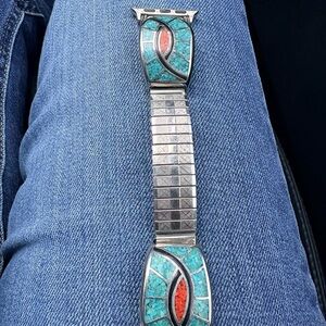 Apple Watch band Turquoise and Red Inlay Silver Bracelet